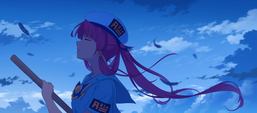 1girl, aria_(manga), aria_company_uniform, beret, blue_background, blue_bow, blue_bowtie, blue_ribbon