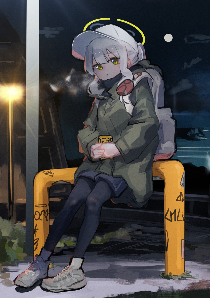1girl, absurdres, black_pantyhose, black_shorts, blue_archive, full_body, green_eyes, green_jacket