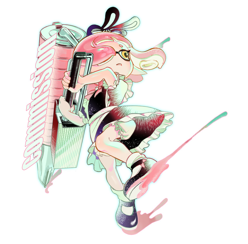 1girl, absurdres, black_footwear, commentary_request, commission, dress, flingza_roller_(splatoon), frilled_dress, frills, full_body, heatinsulator, highres, holding, holding_weapon, inkling, inkling_girl, paint, pink_hair, shoes, short_hair, simple_background, solo, splatoon_(series), splatoon_3, tentacle_hair, weapon, white_background, yellow_eyes