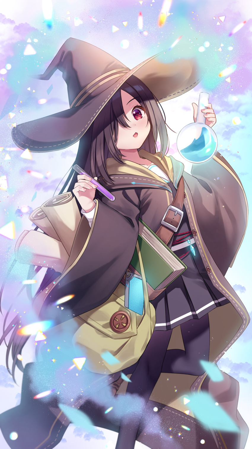 1girl, absurdres, black_hair, hat, heaven_burns_red, highres, hood, long_hair, long_sleeves, one_eye_covered, open_mouth, pleated_skirt, red_eyes, skirt, solo, sumisaki_yuzuna, team_31c_(heaven_burns_red), tenne_miko, wide_sleeves, witch_hat