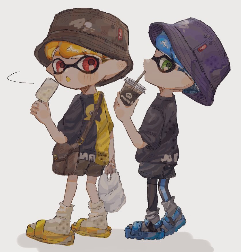 2boys, bag, black_headwear, black_shirt, blonde_hair, blue_hair, commentary_request, drink, drinking, drinking_straw, eating, food, full_body, green_eyes, hat, holding, holding_bag, hwtr_06, ice_cream, inkling, inkling_boy, multiple_boys, pointy_ears, print_shirt, red_eyes, sandals, shirt, short_hair, simple_background, socks, splatoon_(series), two-tone_shirt, white_background, white_socks, yellow_shirt