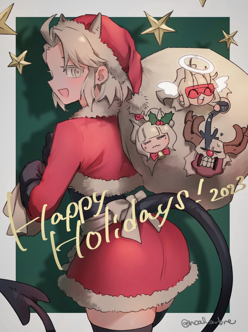 1boy, 3girls, :d, absurdres, black_gloves, black_thighhighs, christmas, commentary_request, demon_girl, demon_tail, gloves, hat, helltaker, highres, horns, justice_(helltaker), looking_at_viewer, loremaster_(helltaker), lucifer_(helltaker), multiple_girls, noah_(tettsui-sole), open_mouth, red_headwear, santa_costume, santa_hat, short_hair, smile, subject_67_(helltaker), tail, thigh-highs, thighs, twitter_username, white_eyes, white_hair, white_horns