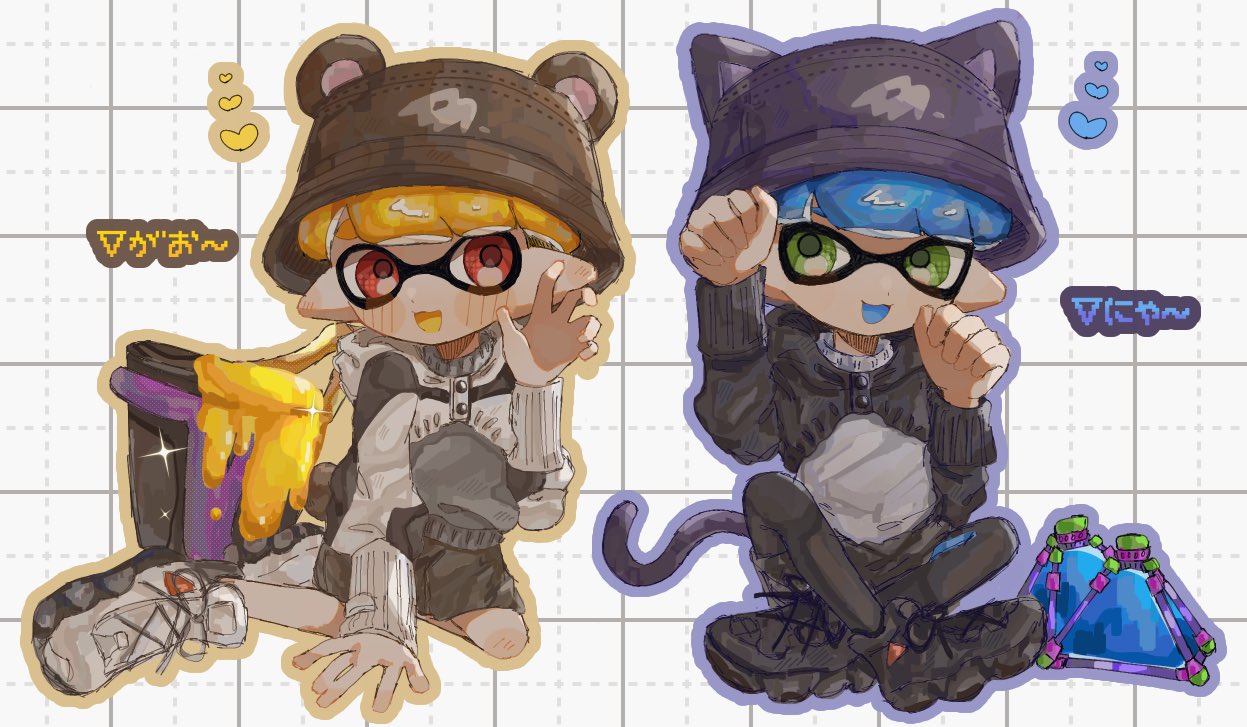 2boys, black_headwear, blonde_hair, blue_hair, claw_pose, commentary_request, crossed_legs, full_body