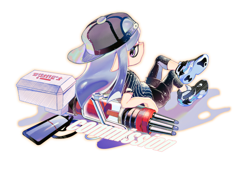 1girl, backwards_hat, baseball_cap, black_pants, black_shirt, blue_hair, commentary_request, commission, crossed_legs, full_body, hat, heatinsulator, heavy_edit_splatling_(splatoon), highres, ink_tank_(splatoon), inkling, inkling_girl, long_hair, pants, pointy_ears, shirt, simple_background, sitting, solo, splatoon_(series), splatoon_3, tentacle_hair, violet_eyes, white_background