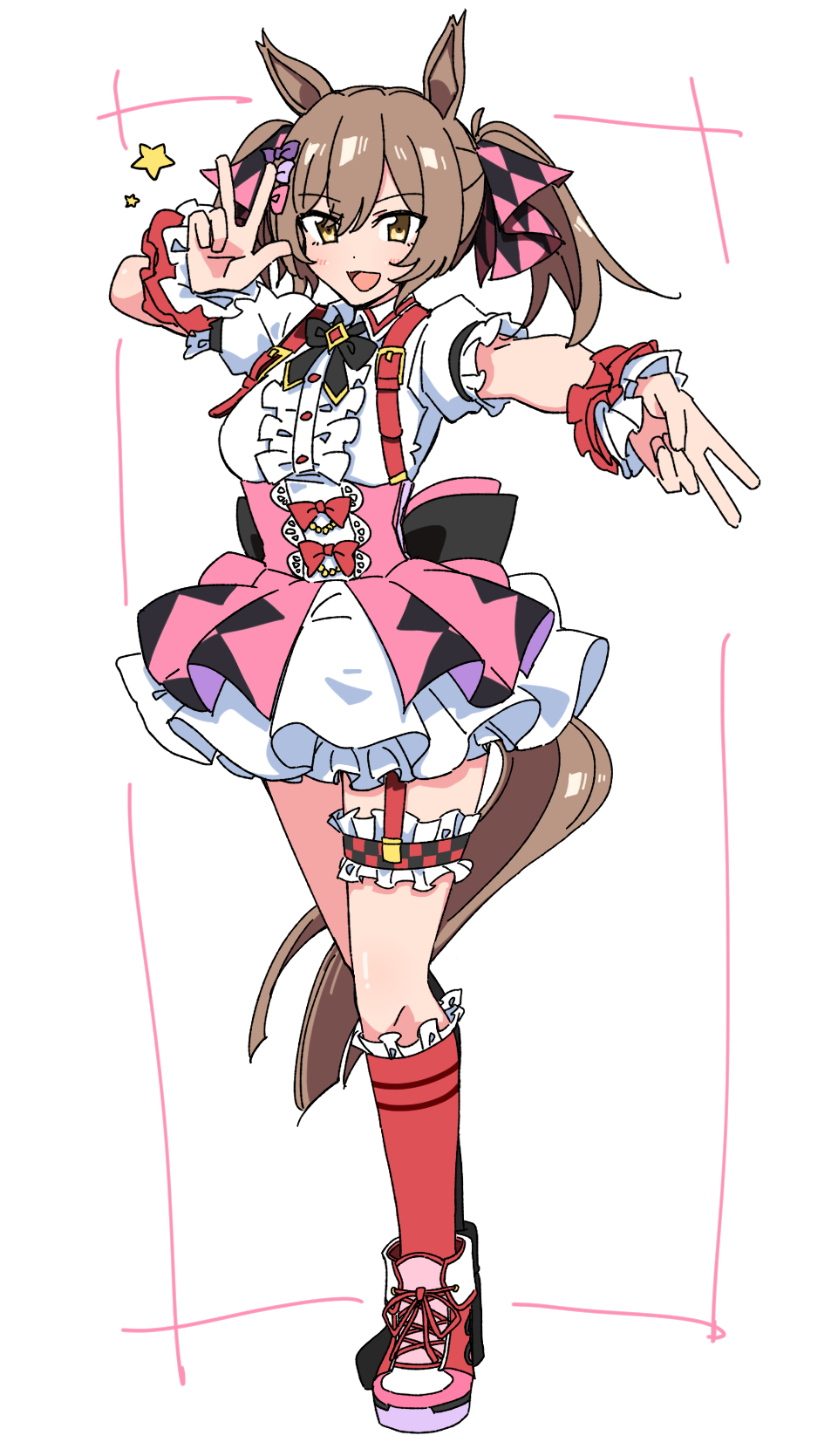 1girl, animal_ears, bow, bowtie, breasts, brown_hair, center_frills, dress