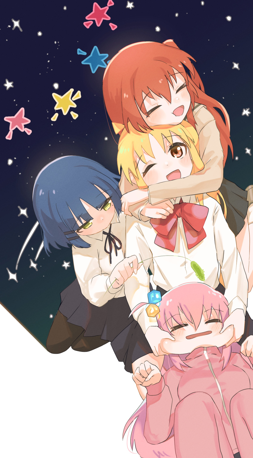 4girls, absurdres, ahoge, black_ribbon, blonde_hair, blue_hair, bocchi_the_rock!, bow, brown_cardigan, brown_eyes, cardigan, cat_teaser, collared_shirt, cube_hair_ornament, detached_ahoge, eltir, gotoh_hitori, hair_between_eyes, hair_ornament, hair_over_eyes, highres, hug, ijichi_nijika, jacket, kita_ikuyo, long_hair, long_sleeves, lying, lying_on_lap, mole, mole_under_eye, multiple_girls, neck_ribbon, night, night_sky, on_back, one_side_up, pants, pantyhose, pink_hair, pink_jacket, pink_pants, pleated_skirt, red_bow, ribbon, school_uniform, shimokitazawa_high_school_uniform, shirt, short_hair, shuka_high_school_uniform, sidelocks, simple_background, skirt, sky, socks, star_(sky), star_(symbol), track_jacket, track_pants, very_long_hair, white_background, white_shirt, white_socks, yamada_ryo, yellow_eyes