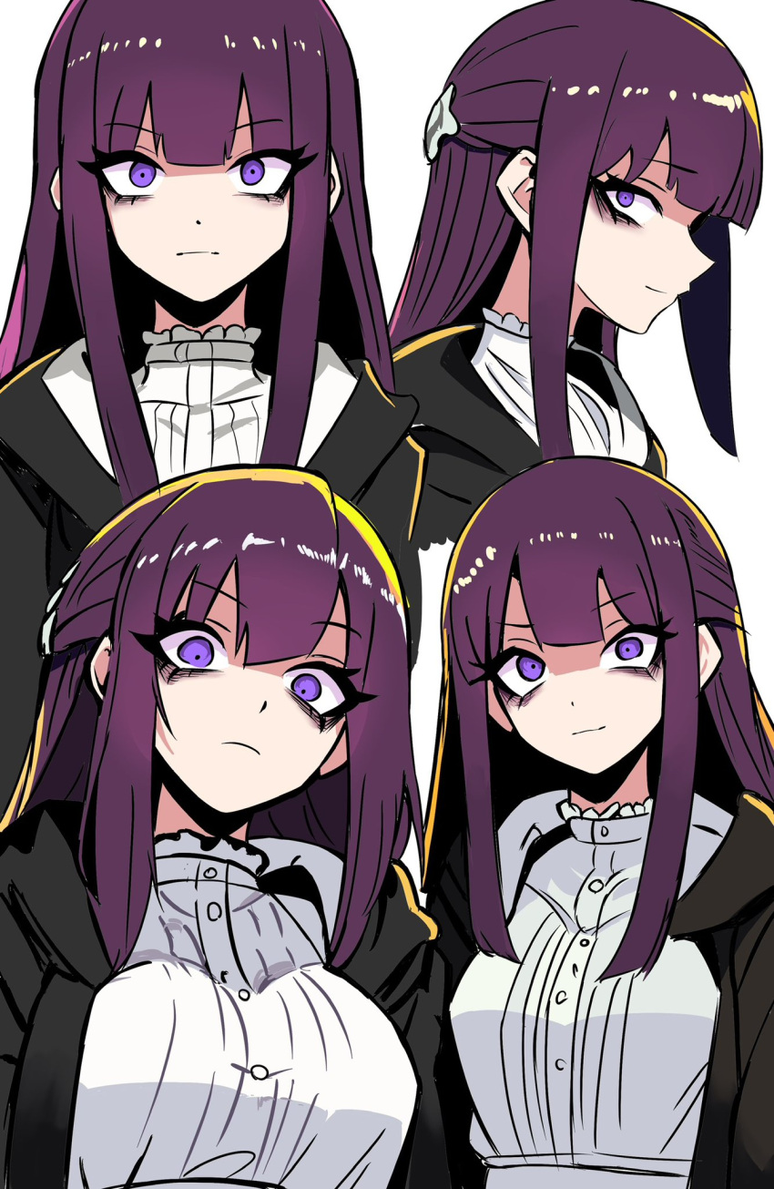 1girl, bags_under_eyes, black_coat, blunt_bangs, breasts, coat, collar, cut_bangs, dress, expressionless, eyelashes, eyeshadow, fern_(sousou_no_frieren), frilled_collar, frills, frown, highres, large_breasts, light_smile, long_dress, long_hair, long_sleeves, looking_at_viewer, looking_to_the_side, makeup, nagainegi, purple_hair, purple_pupils, scowl, sidelocks, simple_background, smile, solo, sousou_no_frieren, straight_hair, violet_eyes, white_background, white_coat, white_dress
