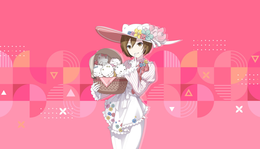 1girl, apron, bow, brown_eyes, brown_hair, collared_shirt, colored_skin, colorful_palette, cradle, diagonal_stripes, dot_nose, embroidery, finger_to_mouth, flower, frilled_sleeves, frills, gloves, hair_between_eyes, hair_bow, hair_flower, hair_ornament, hat, hat_flower, hat_ribbon, highres, index_finger_raised, juliet_sleeves, long_sleeves, looking_afar, looking_at_viewer, meiko_(vocaloid), neck_ribbon, nya_(sanrio), nye_(sanrio), nyi_(sanrio), nyon_(sanrio), nyu_(sanrio), official_art, parted_lips, pencil_skirt, pink_background, pink_bow, pink_ribbon, pink_shirt, project_sekai, puffy_sleeves, ribbon, rubbing_eyes, sanrio, shade, shirt, short_hair, shushing, silver_trim, simple_background, skirt, sleeping, smile, solid_oval_eyes, solo, striped, striped_background, striped_shirt, sun_hat, teeth, third-party_source, triangle, two-tone_shirt, vertical-striped_shirt, vertical_stripes, vocaloid, waist_apron, whiskers, white_apron, white_gloves, white_headwear, white_shirt, white_skin, white_skirt, yawning