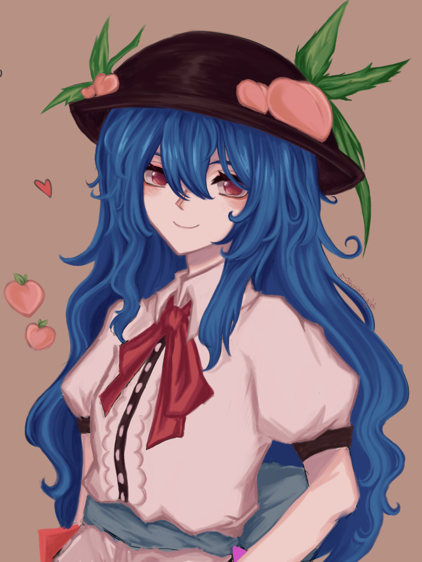 1girl, 1hoshimiyabi, black_headwear, blue_hair, brown_background, center_frills, closed_mouth, commentary