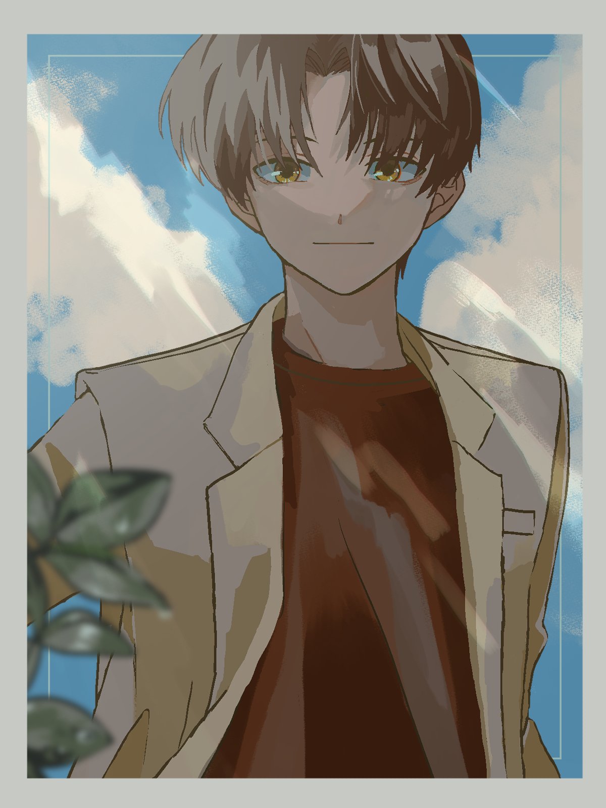 1boy, blue_background, blurry, blurry_foreground, border, brown_eyes, brown_hair, brown_jacket