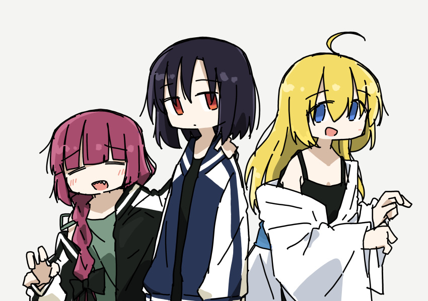 3girls, :d, absurdres, ahoge, black_bow, black_hair, black_jacket, black_nails