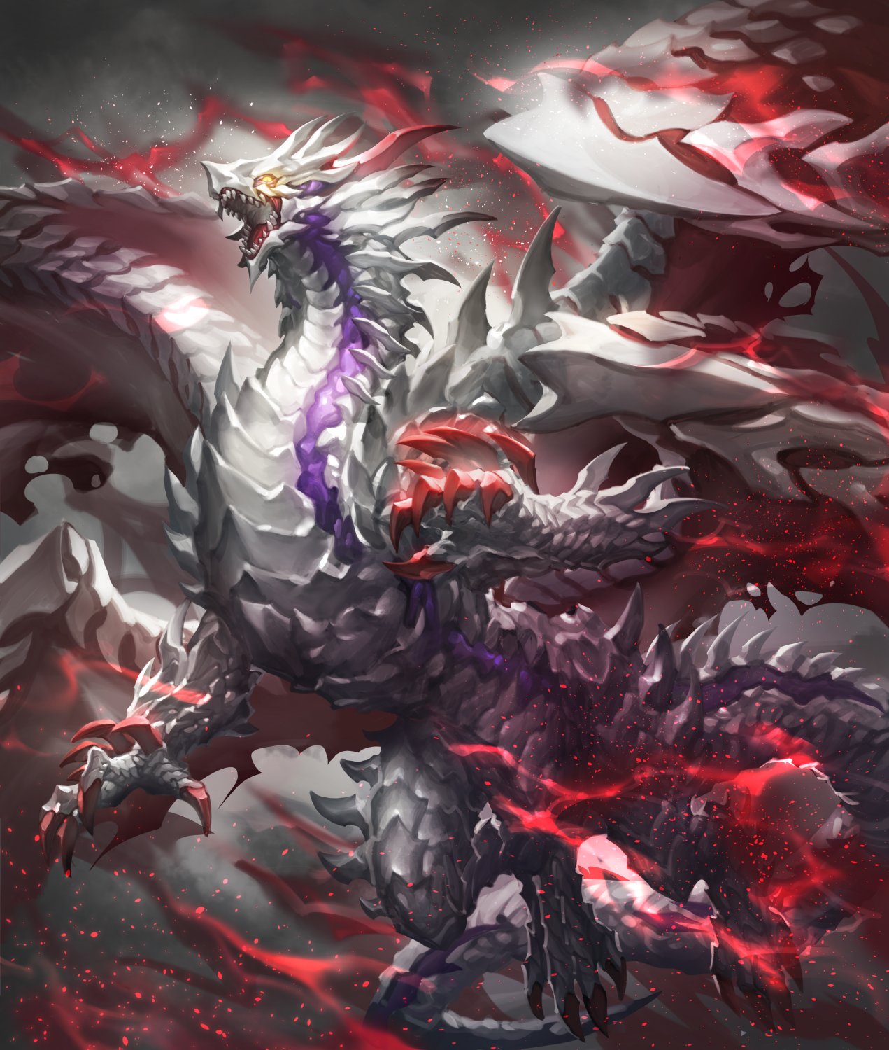 claws, commission, dragon, dragon_claw, dragon_horns, dragon_tail, dragon_wings, fantasy, flying, gamazou, gradient_background, highres, horns, large_wings, monster, no_humans, open_mouth, original, scales, skeb_commission, tail, western_dragon, wings
