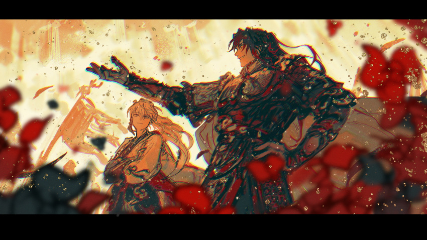 2boys, absurdres, archer_(fate/samurai_remnant), armor, black_hair, blurry, cape, chinese_clothes