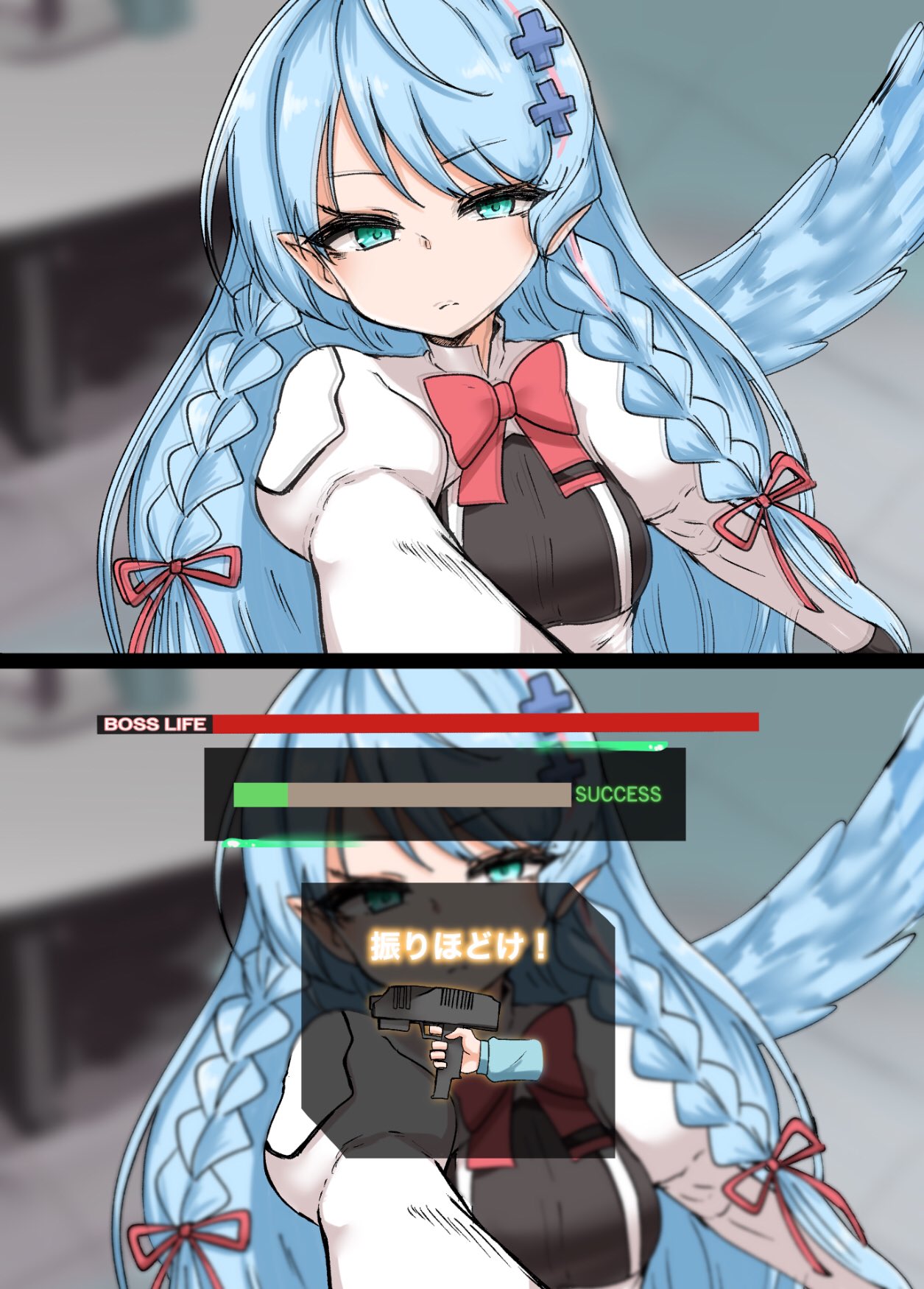 1girl, blue_archive, blue_hair, blue_wings, bow, bowtie, braid, dress, fake_screenshot, green_eyes, gun, hair_ribbon, highres, house_of_the_dead, juliet_sleeves, long_hair, long_sleeves, low_twin_braids, mine_(blue_archive), parody, pink_bow, pink_bowtie, pink_ribbon, pointy_ears, puffy_sleeves, ribbon, solo, submachine_gun, takorice, translation_request, twin_braids, upper_body, weapon, white_dress, wings