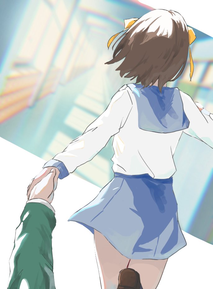 1boy, 1girl, black_hair, blue_sailor_collar, blue_skirt, blurry, blurry_background, brown_footwear