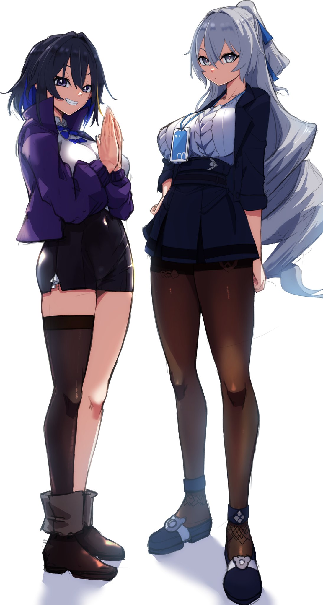 2girls, black_hair, black_pantyhose, black_skirt, black_thighhighs, blue_hair, breasts, bronya_zaychik
