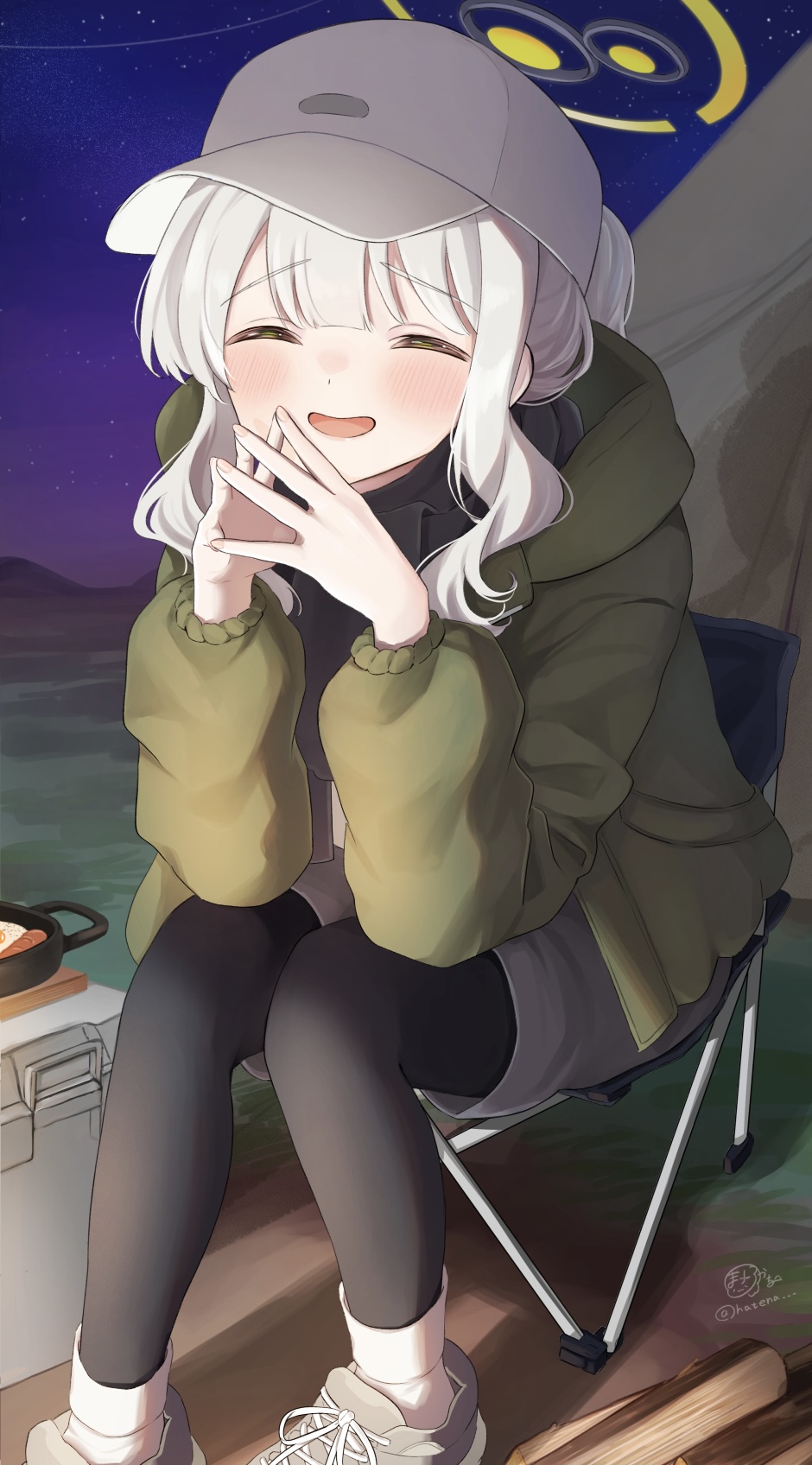 1girl, black_pantyhose, blue_archive, blush, chair, closed_eyes, facing_viewer, green_jacket
