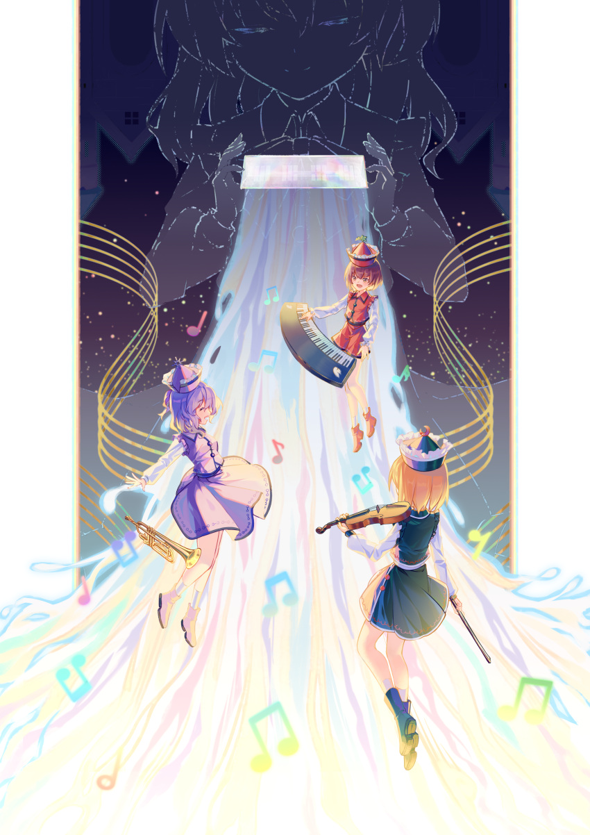 4girls, absurdres, beamed_eighth_notes, black_headwear, black_skirt, black_vest, blonde_hair, bow_(music)