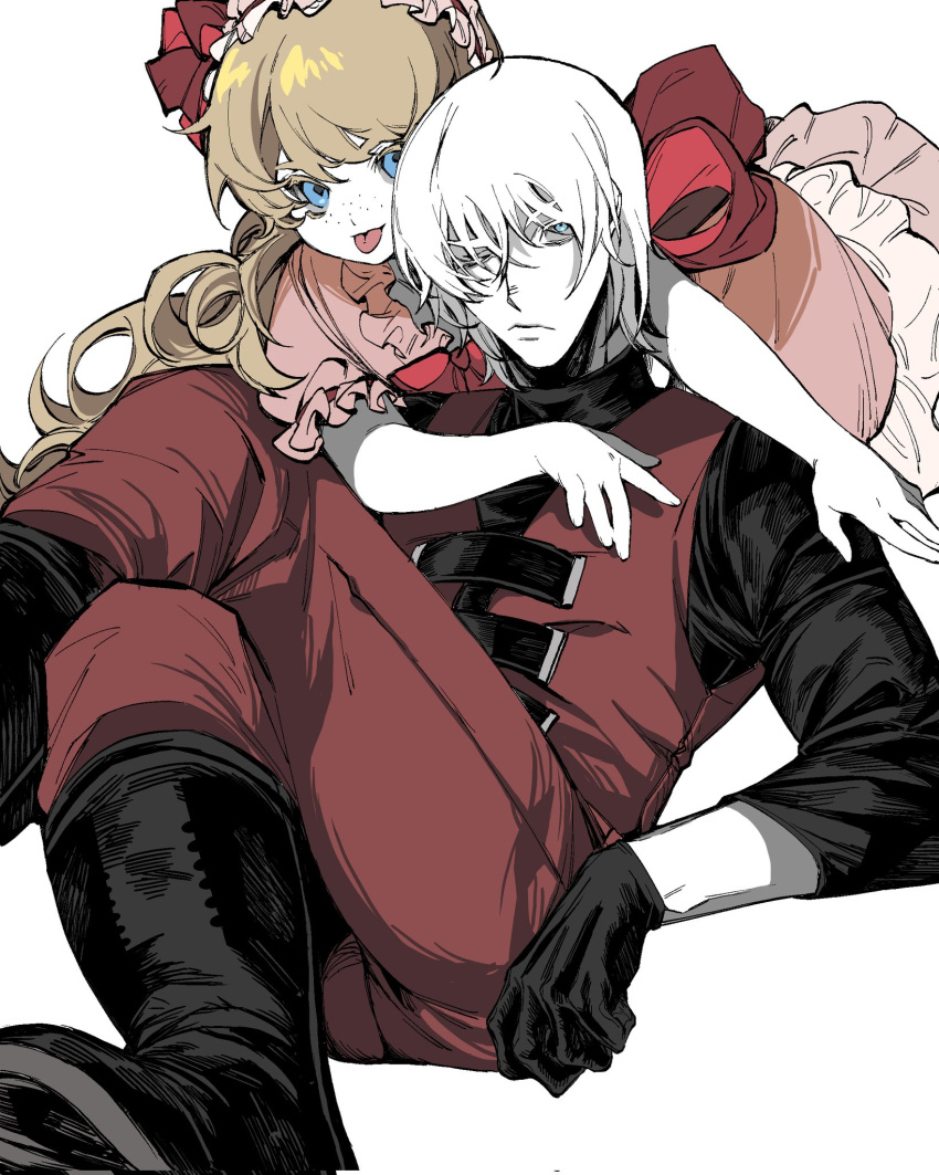 1boy, 1girl, blonde_hair, blue_eyes, closed_mouth, dante_(devil_may_cry), devil_may_cry_(anime), devil_may_cry_(series)
