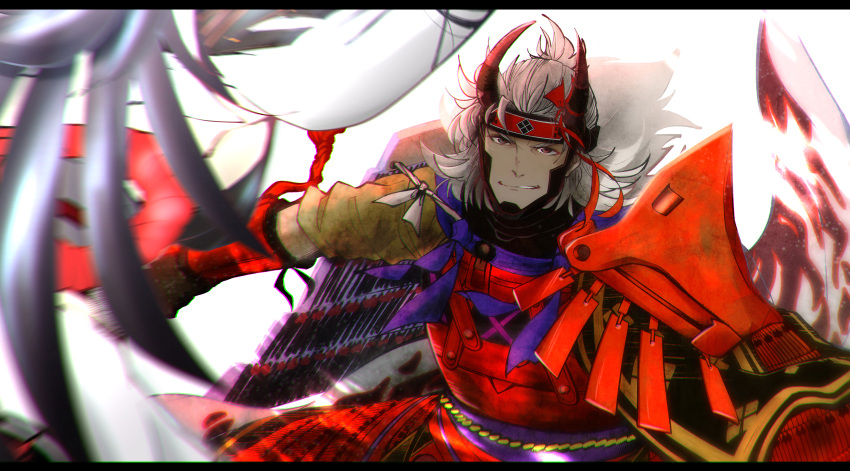1boy, absurdres, akaraine_(lionred), armor, fake_horns, fate/grand_order, fate_(series), grey_eyes, grey_hair, highres, horned_headwear, horns, japanese_armor, letterboxed, male_focus, pauldrons, shoulder_armor, smile, takeda_shingen_(fate), white_background