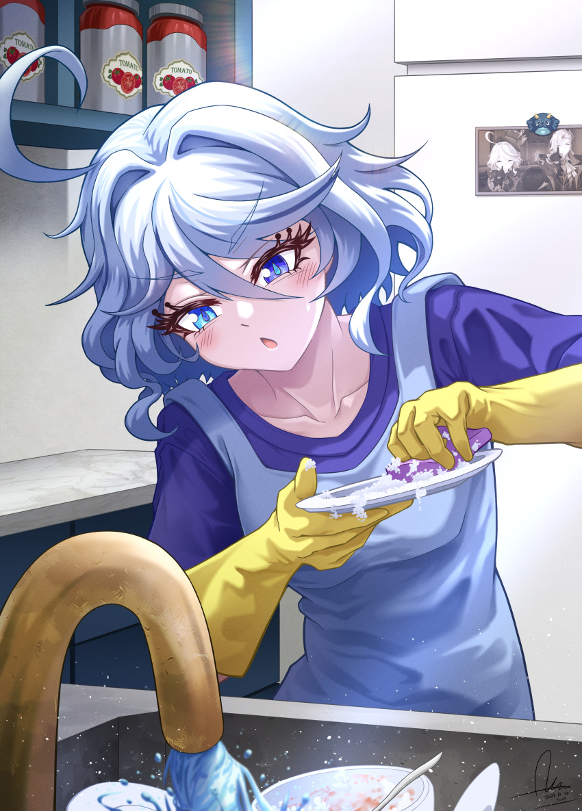 1girl, absurdres, ahoge, annoyed, apron, blue_eyes, blue_hair, blue_shirt