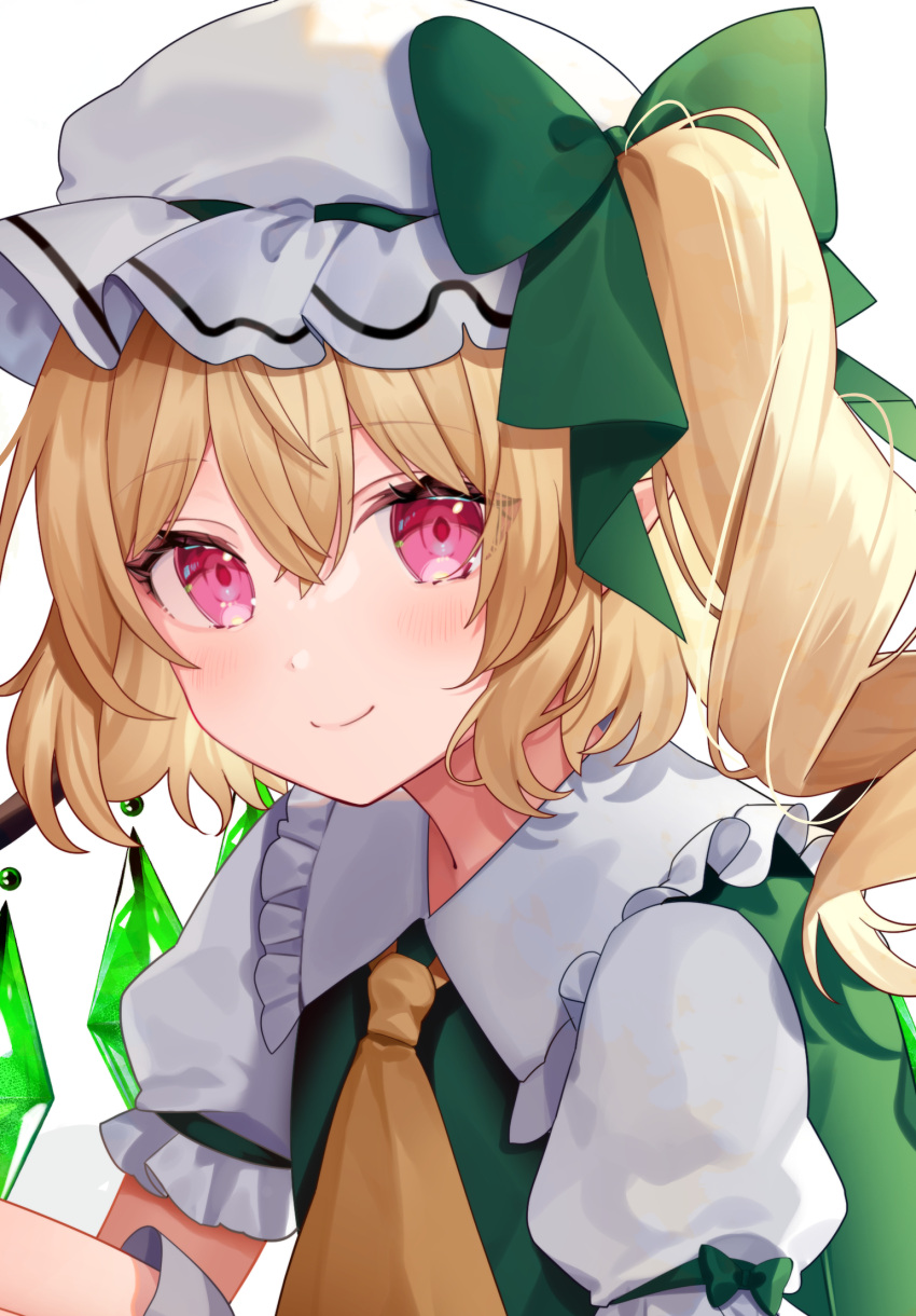1girl, alternate_color, ascot, blonde_hair, crystal_wings, flandre_scarlet, green_ribbon, green_vest