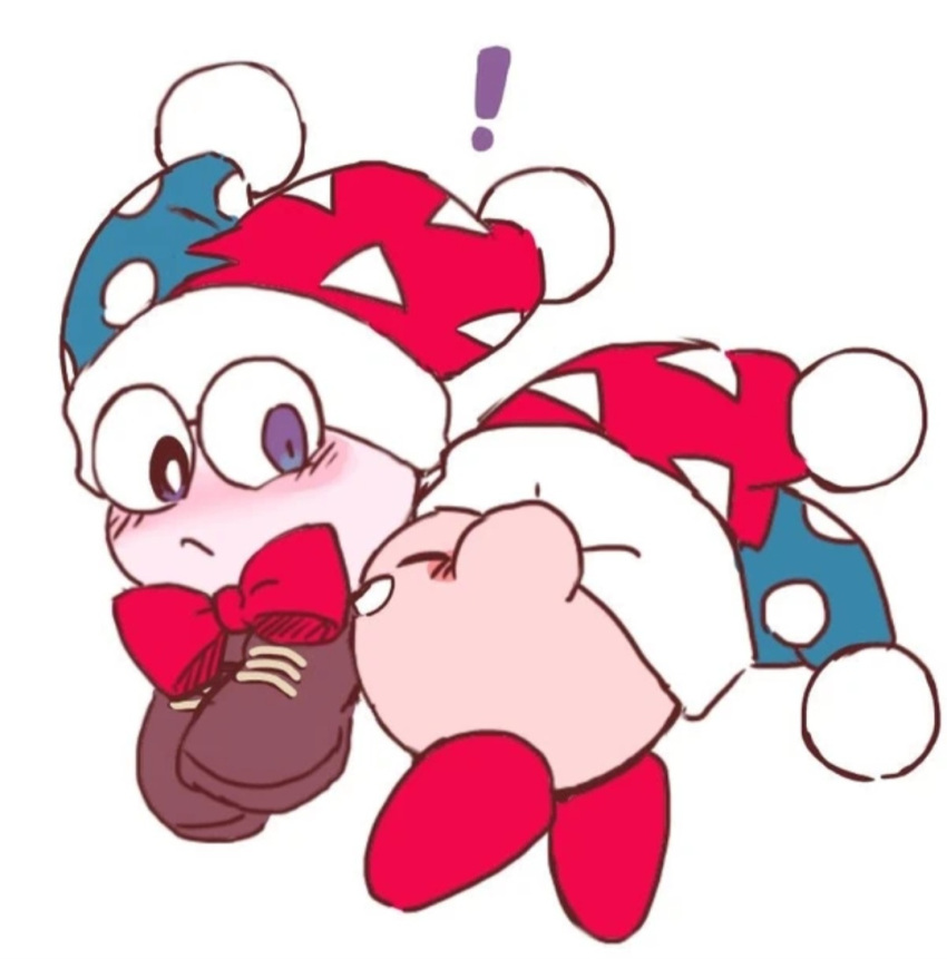 !, 1boy, 1other, blue_headwear, blush, bowtie, brown_footwear, closed_eyes