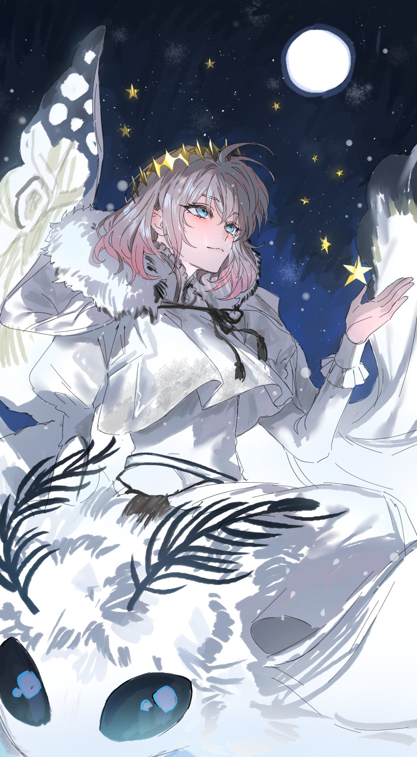 1other, absurdres, blanca_(fate), blue_eyes, bug, capelet, commentary, crown