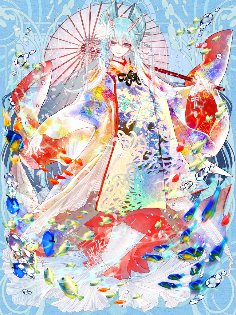 1boy, air_bubble, androgynous, blue_background, blue_eyes, blue_hair, bubble, chrysanthemum_print