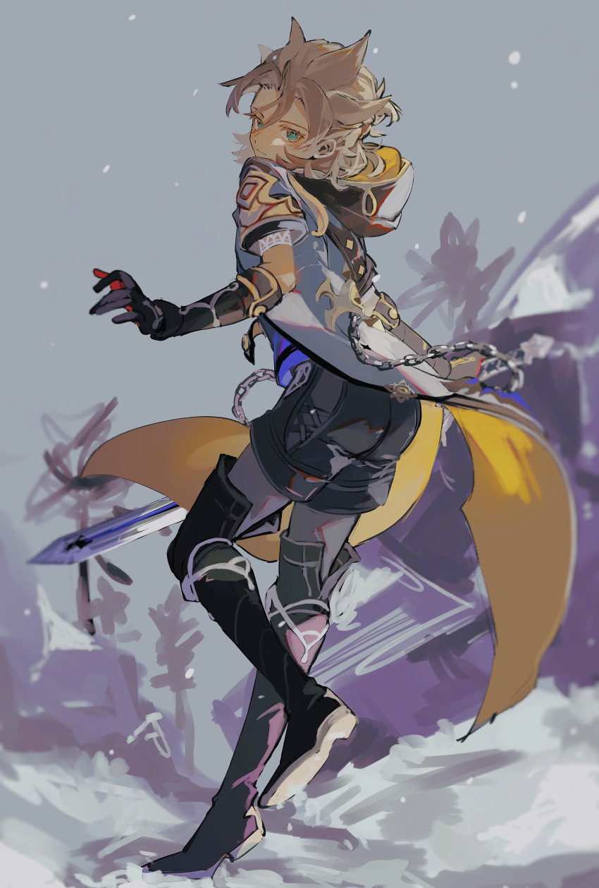 1boy, absurdres, albedo_(genshin_impact), bishounen, black_gloves, boots, cape, citrinitas_a