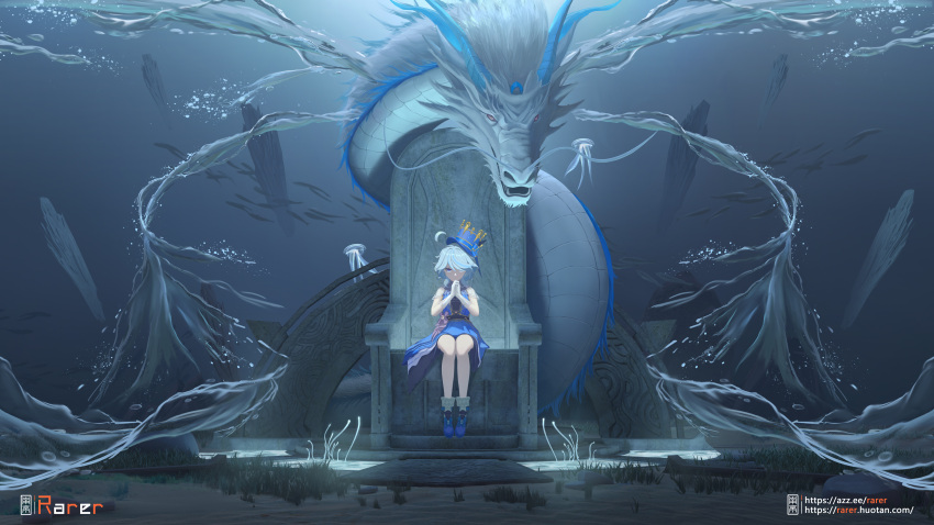 1girl, absurdres, ahoge, artist_name, blue_dress, blue_eyes, blue_footwear, blue_hair