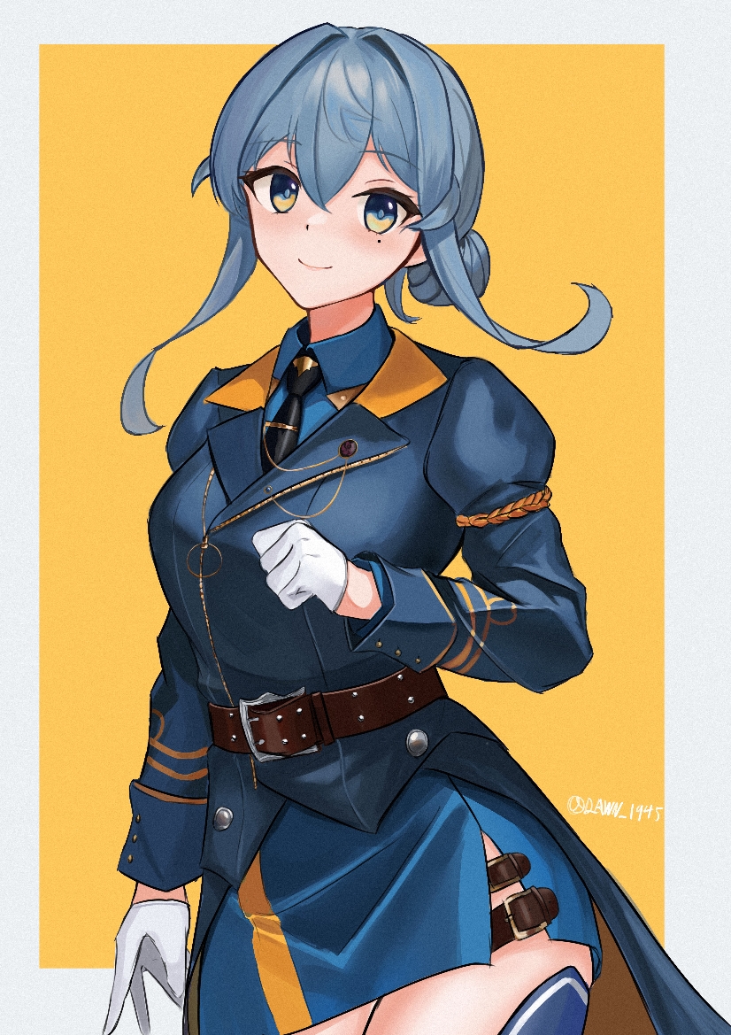 1girl, belt, black_necktie, blue_eyes, blue_hair, blue_skirt, breasts, brown_belt, collared_shirt, cowboy_shot, dawn_1945, gloves, gotland_(kancolle), gotland_andra_(kancolle), hair_between_eyes, hair_bun, half_gloves, kantai_collection, large_breasts, long_hair, long_sleeves, looking_at_viewer, military_uniform, miniskirt, mole, mole_under_eye, necktie, shirt, sidelocks, single_hair_bun, skirt, solo, standing, uniform, white_gloves, yellow_background