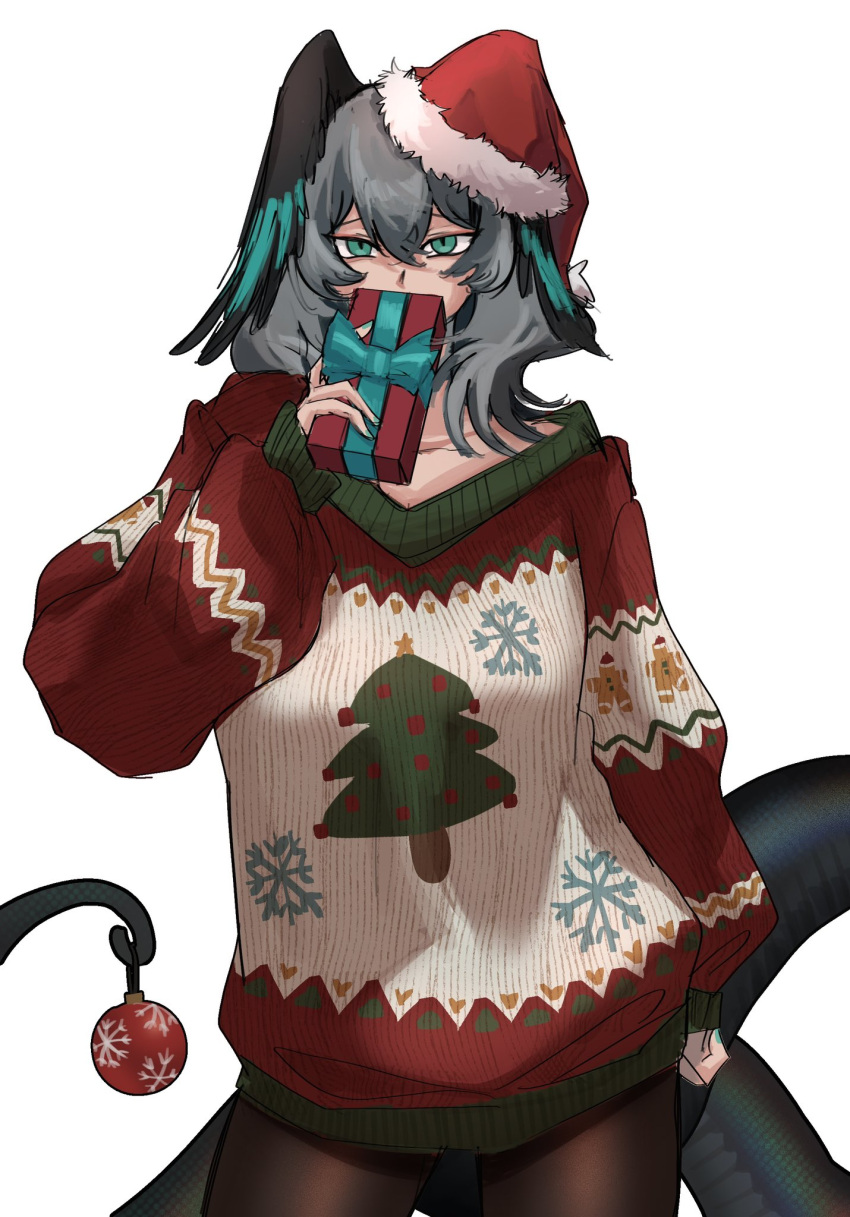 1girl, aqua_eyes, arknights, black_pantyhose, christmas, christmas_ornaments, christmas_present, christmas_sweater