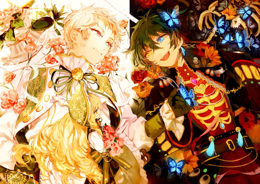 2boys, amanemio2, black_hair, blue_butterfly, blue_eyes, bug, butterfly, closed_mouth