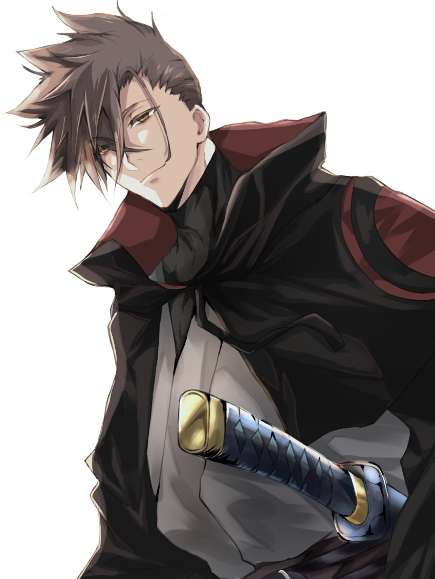 1boy, black_cape, brown_eyes, brown_hair, cape, grey_kimono, hair_between_eyes, highres, japanese_clothes, katana, kimono, kurima_raizou, male_focus, miosaka0000, revenger, sheath, sheathed, simple_background, solo, spiky_hair, sword, upper_body, weapon, white_background