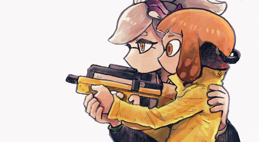 2girls, 79x_(ox79xo), agent_4_(splatoon), aiming, domino_mask, guiding_hand, hand_on_another's_shoulder, hero_shot_(splatoon_2)