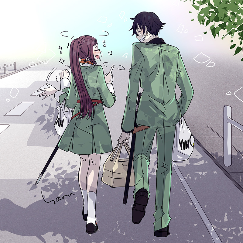 1boy, 1girl, black_hair, blush, carrying, closed_eyes, earrings, haruhashi