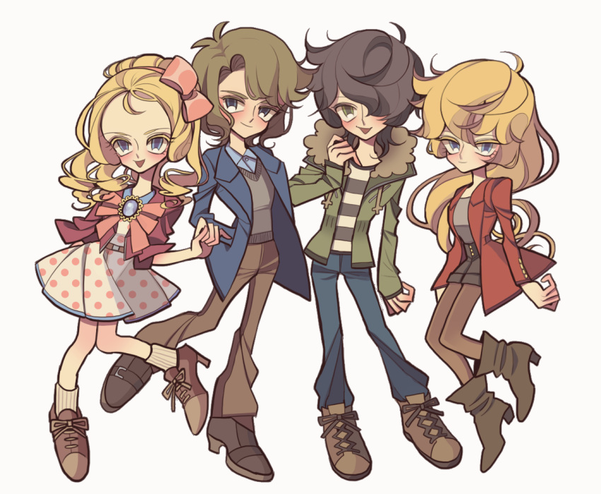 2boys, 2girls, alternate_costume, andre_grandier, black_hair, black_pantyhose, black_shorts, blonde_hair