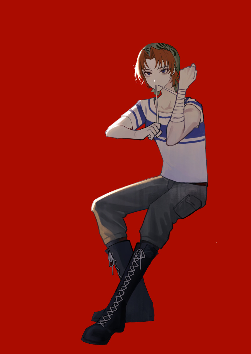 1girl, absurdres, annie_(saibou_shinkyoku), bandaged_arm, bandages, bandana, black_footwear, blue_eyes