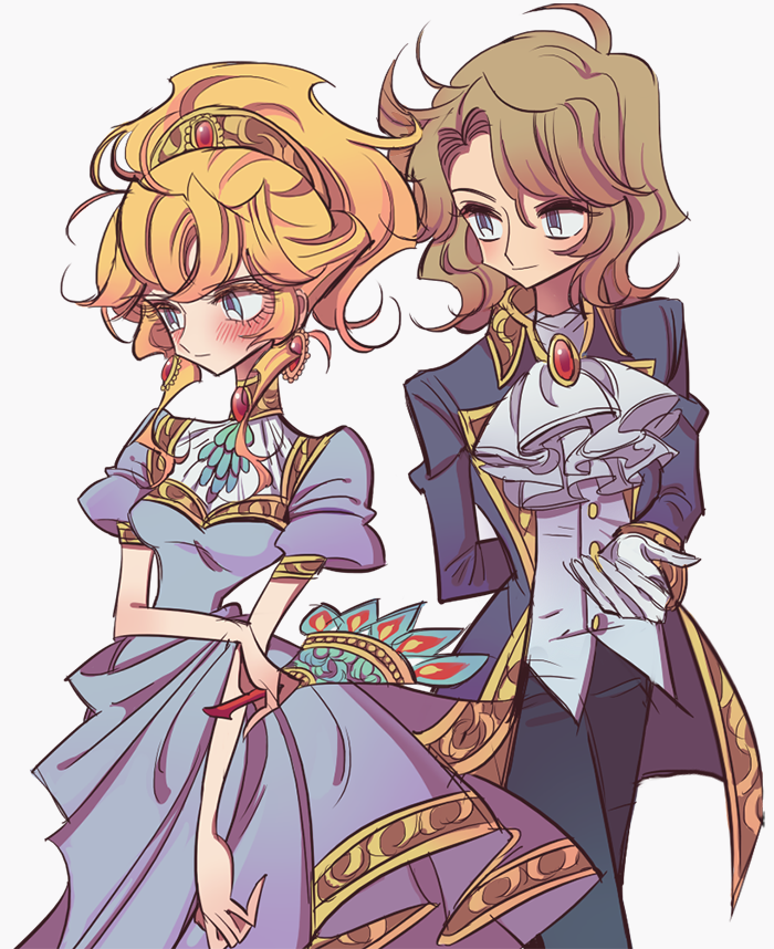 1boy, 1girl, ascot, averting_eyes, black_pants, blonde_hair, blue_eyes, blue_jacket