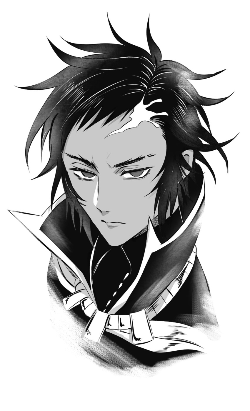 1boy, closed_mouth, cosmology_(mgncosmo), dark-skinned_male, dark_skin, fate/grand_order, fate_(series), greyscale