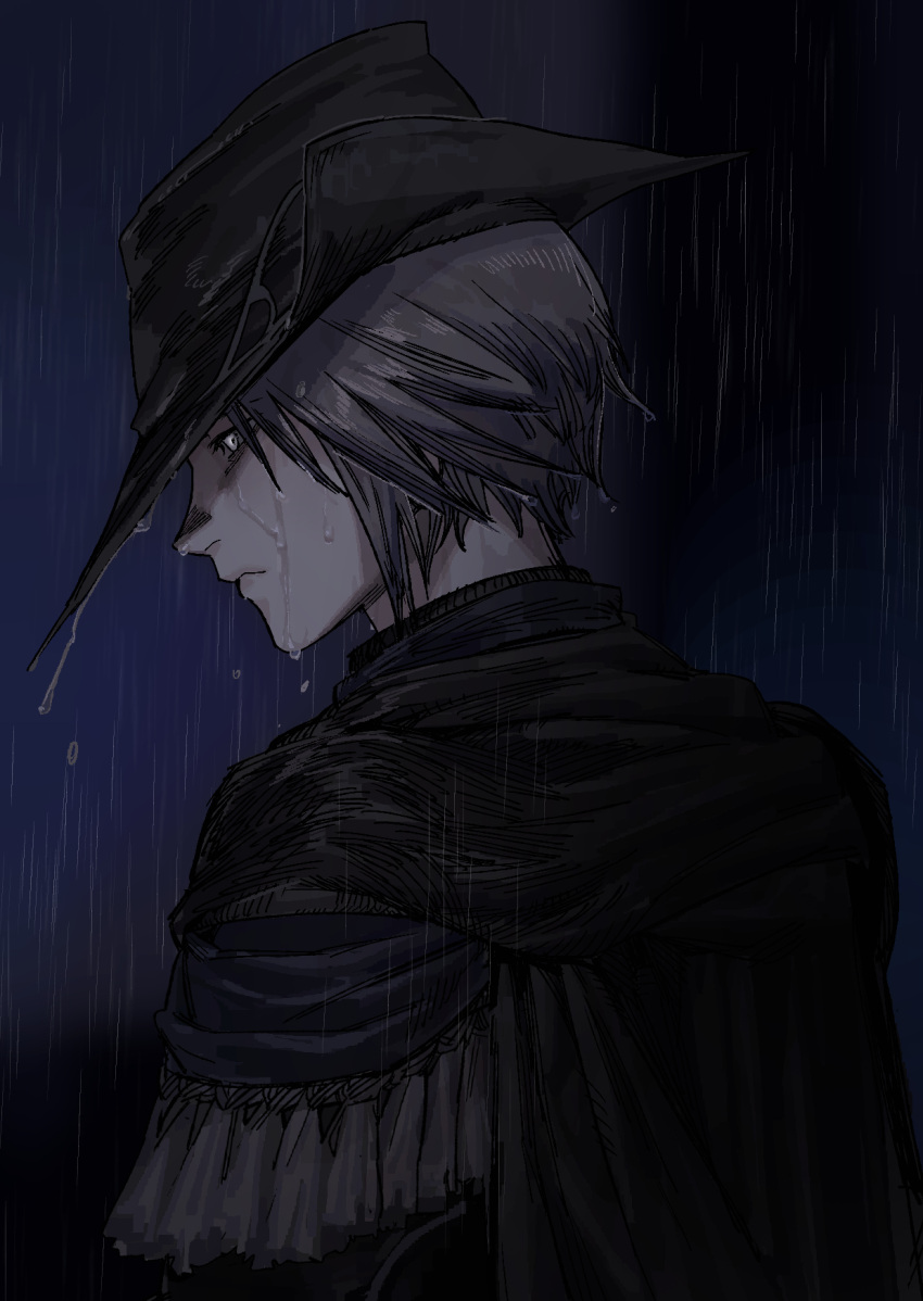 1girl, androgynous, black_cape, black_hair, black_headwear, blue_background, cape, commentary_request, expressionless, final_fantasy, final_fantasy_xiv, fringe_trim, from_behind, glowing, glowing_eye, hat, highres, korean_commentary, looking_ahead, profile, rain, reverse_trap, short_hair, solo, tricorne, upper_body, v0idneet, wet, wet_clothes, white_eyes, zero_(ff14)
