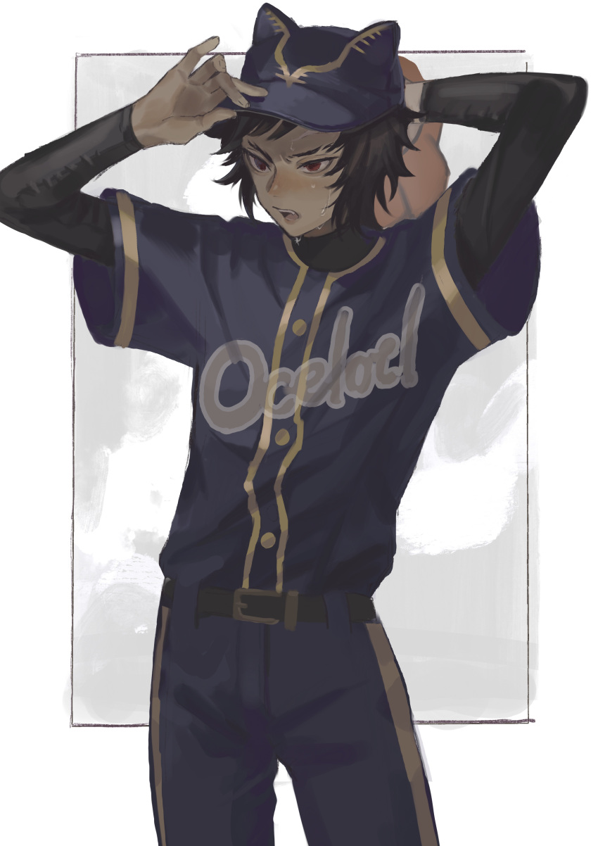 1boy, absurdres, animal_ear_headwear, arms_up, baseball_cap, baseball_uniform, belt, black_undershirt, blue_pants, blue_shirt, border, brown_hair, buckle, cowboy_shot, dark-skinned_male, dark_skin, fate/grand_order, fate_(series), hat, highres, izcalli_(fate), layered_sleeves, long_sleeves, looking_ahead, male_focus, pants, red_eyes, roll_(rollcake0110), shirt, short_hair, short_over_long_sleeves, short_sleeves, simple_background, solo, sportswear, sweat, white_border