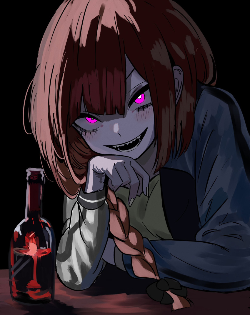 1girl, alcohol, bags_under_eyes, black_background, black_eyeliner, blunt_bangs, blush, bocchi_the_rock!