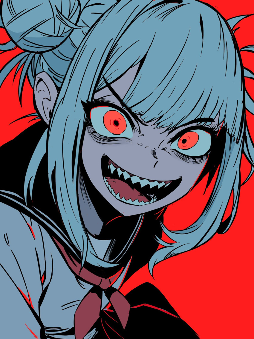 1girl, bags_under_eyes, black_eyeliner, blue_sailor_collar, blunt_bangs, boku_no_hero_academia, cardigan, double_bun