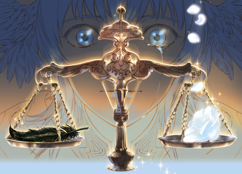 1girl, balance_scale, bird_wings, black_feathers, blue_eyes, blue_hair, brown_background, cheondo, close-up, commentary_request, crying, crying_with_eyes_open, falling_petals, feathered_wings, feathers, final_fantasy, final_fantasy_xiv, flower, glowing, glowing_flower, head_wings, highres, korean_commentary, looking_at_object, meteion, petals, portrait, short_hair, solo, sparkle, straight-on, tears, weighing_scale, white_flower, wide-eyed, wings