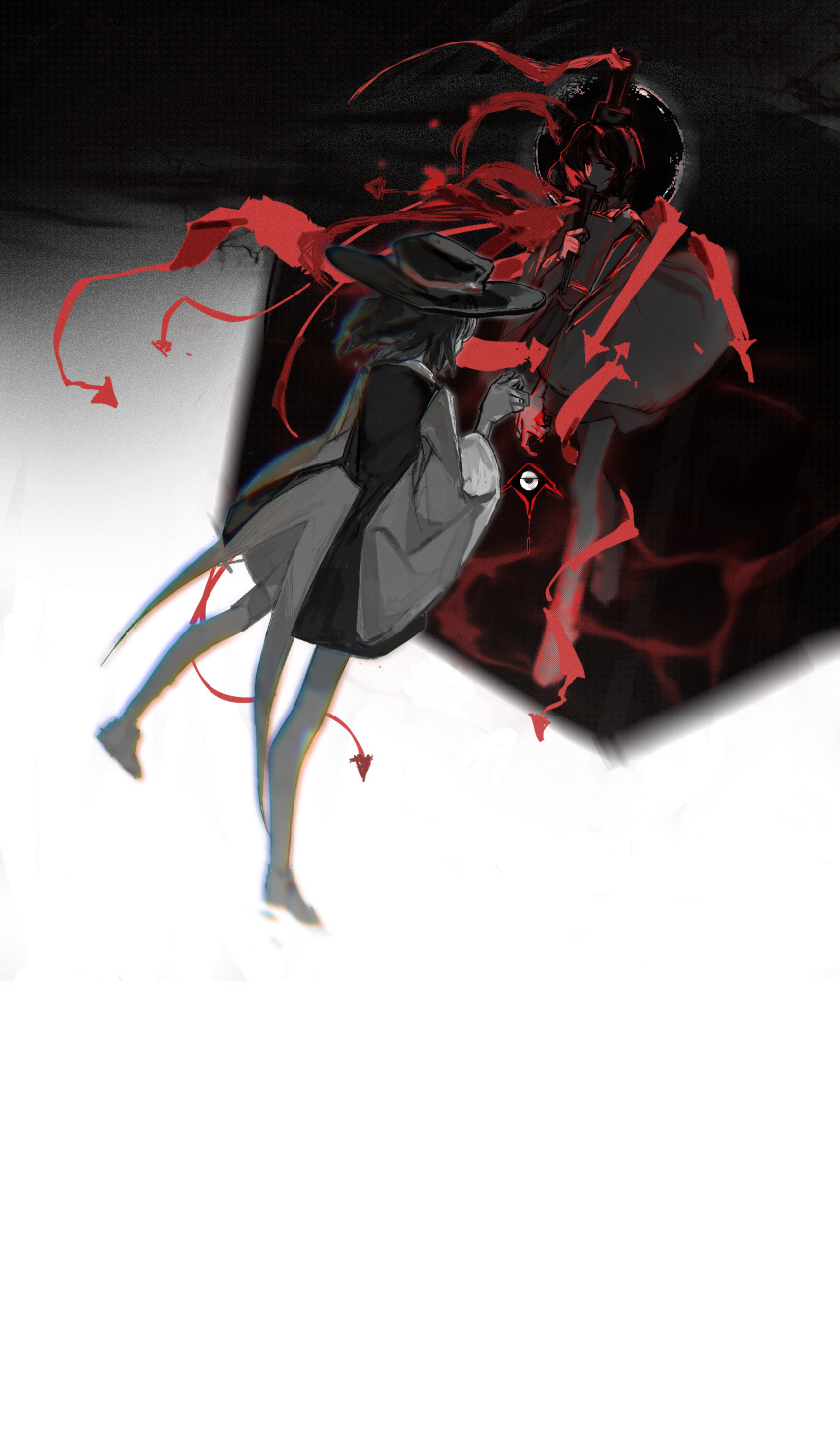 2others, absurdres, androgynous, black_coat, black_eyes, black_hair, black_headwear, chromatic_aberration