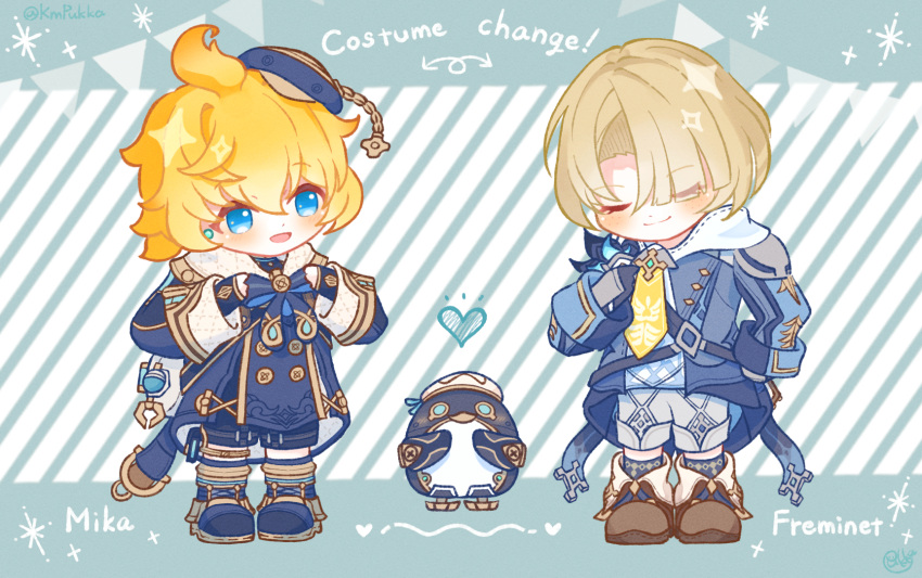 2boys, :d, ahoge, arrow_(symbol), artist_name, beret, black_socks, blonde_hair