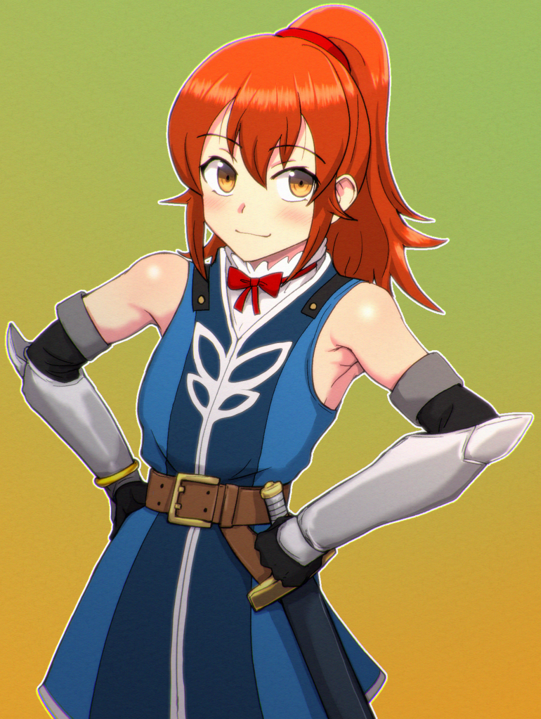 1girl, arm_guards, bare_shoulders, belt, black_gloves, brown_belt, closed_mouth, elbow_gloves