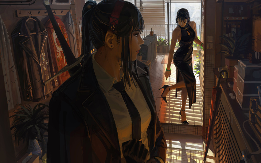 2023, 2girls, black_dress, black_gloves, black_hair, black_high_heels, black_jacket, black_necktie